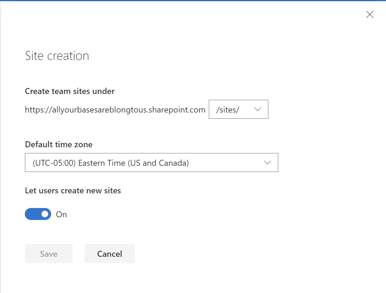 Site Creation pane in SharePoint Admin Settings